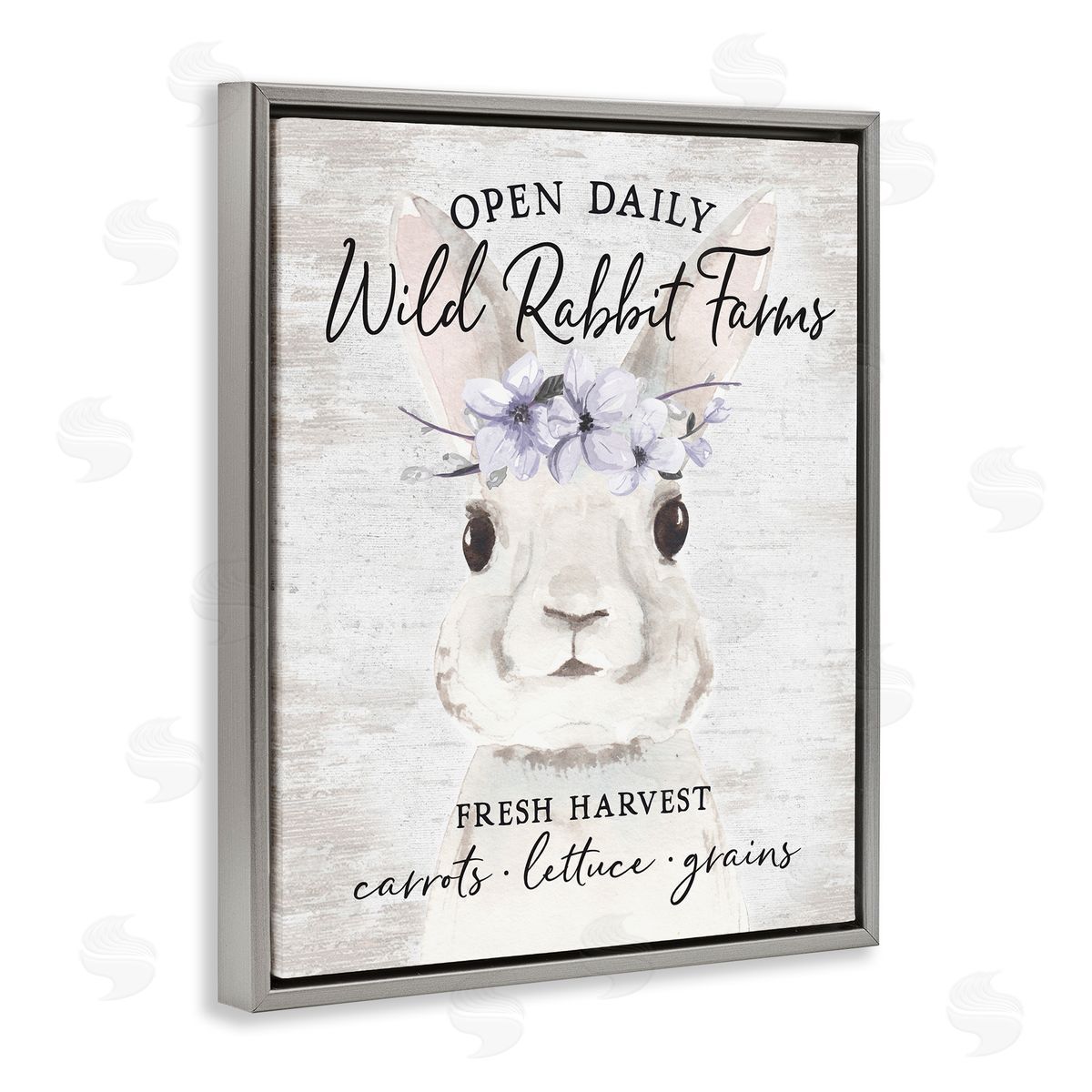 Lettered and Lined Wild Rabbit Farms Weathered Floral Crown Sign Gray Floating Frame Canvas Wall Art Print