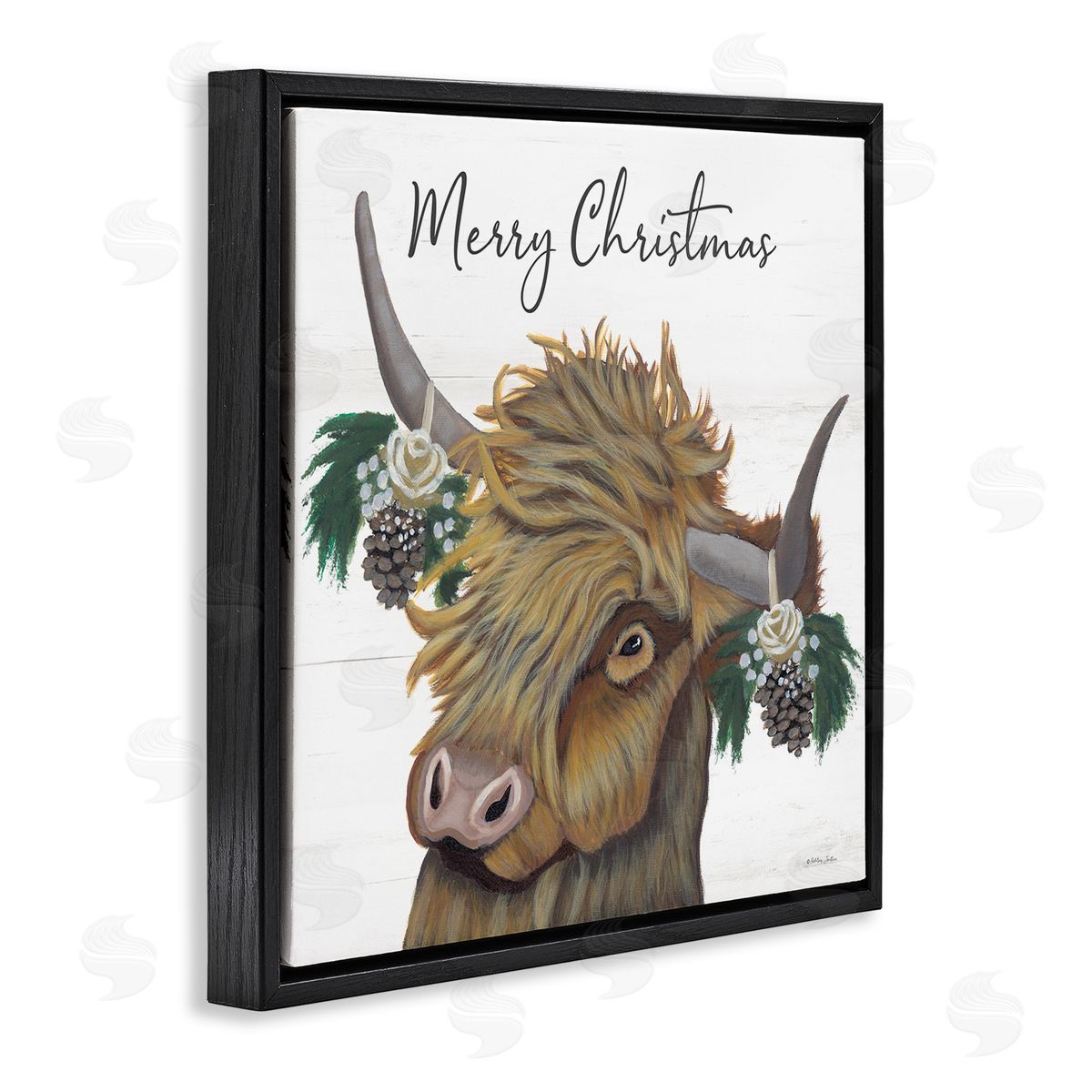 Ashley Justice Merry Christmas Country Longhorn Cattle Cow Pinecones  Black Floating Frame Canvas Wall Art Print