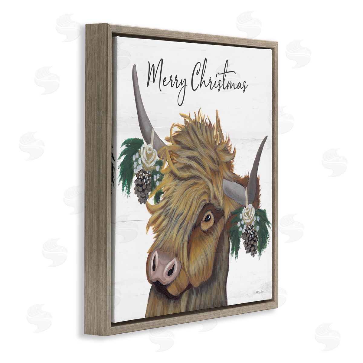 Ashley Justice Merry Christmas Country Longhorn Cattle Cow Pinecones  Brown Floating Frame Canvas Wall Art Print