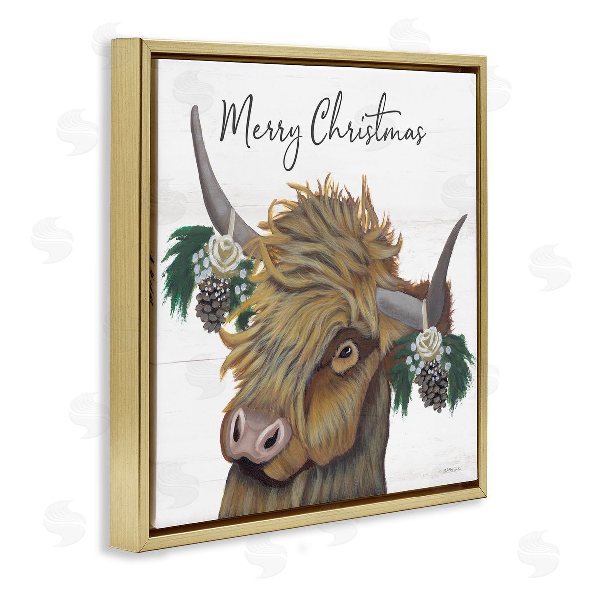 Ashley Justice Merry Christmas Country Longhorn Cattle Cow Pinecones  Gold Floating Frame Canvas Wall Art Print