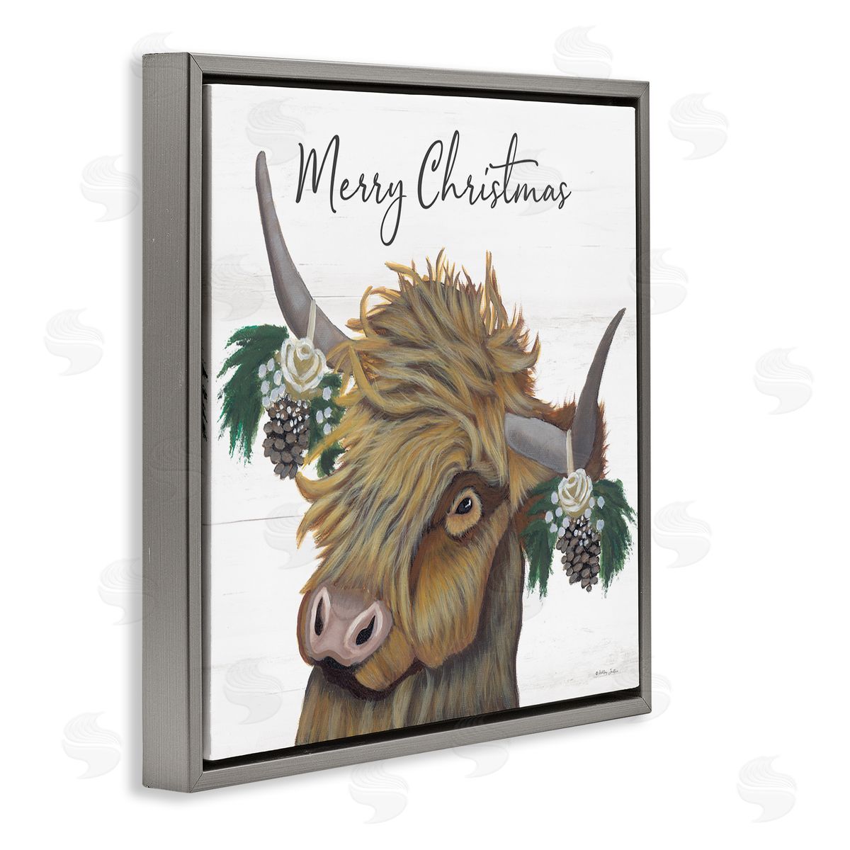 Ashley Justice Merry Christmas Country Longhorn Cattle Cow Pinecones  Gray Floating Frame Canvas Wall Art Print