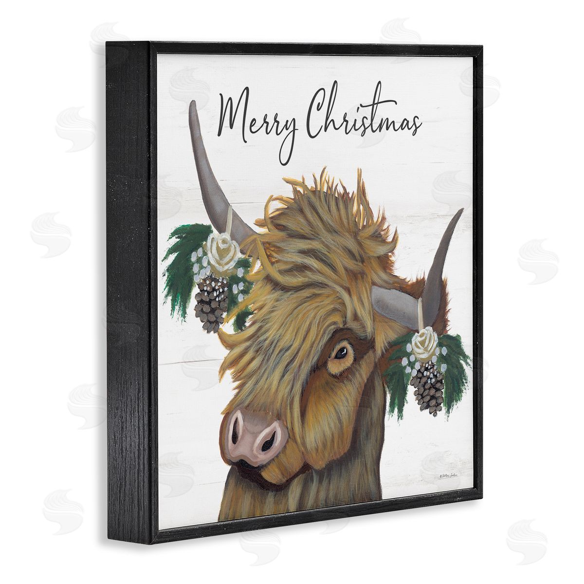 Ashley Justice Merry Christmas Country Longhorn Cattle Cow Pinecones  Black Framed Glicee Wall Art Print