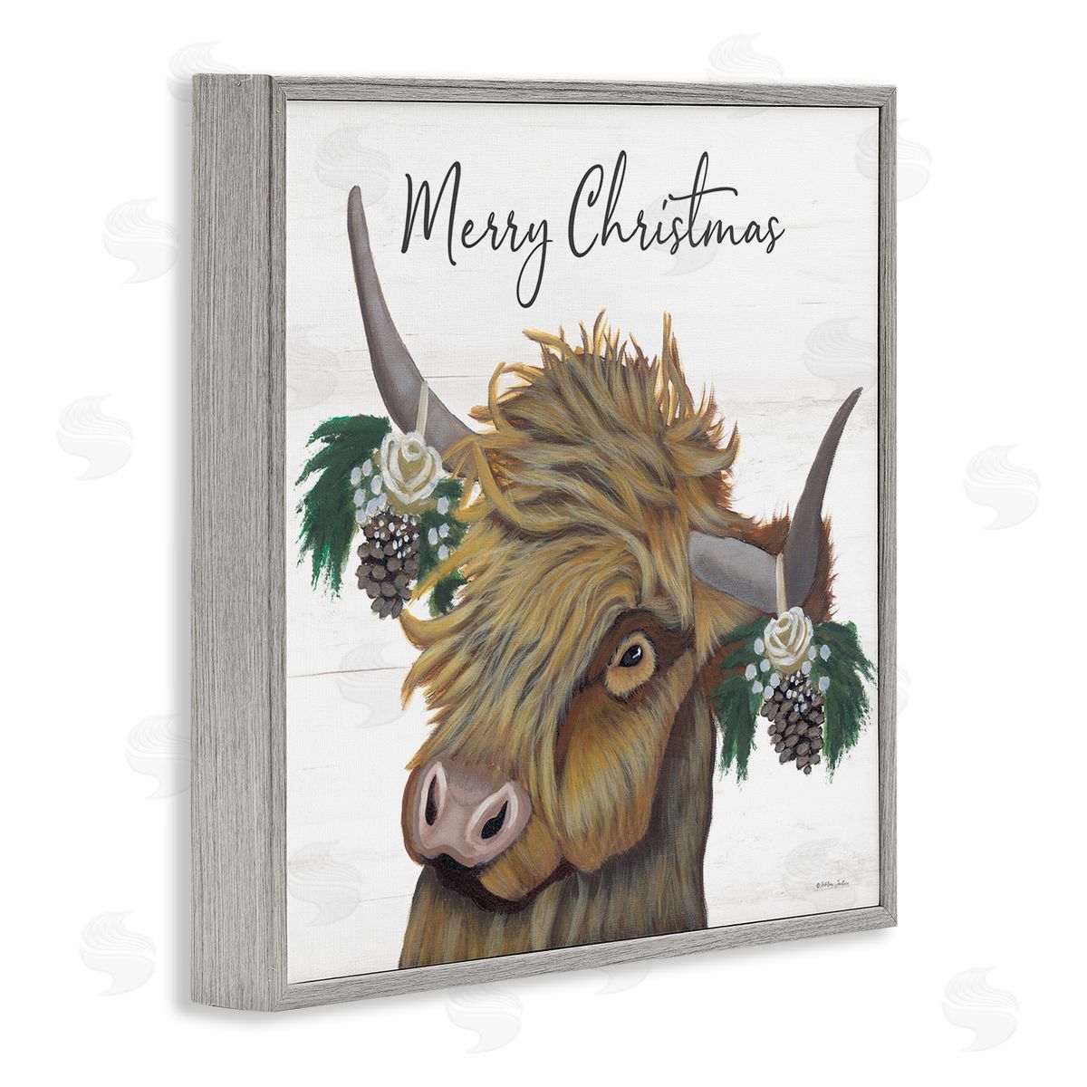 Ashley Justice Merry Christmas Country Longhorn Cattle Cow Pinecones  Gray Framed Glicee Wall Art Print