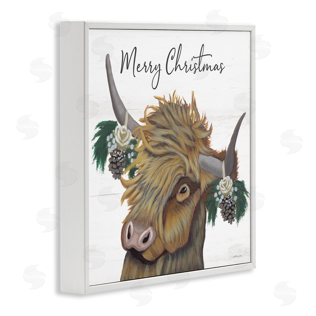 Ashley Justice Merry Christmas Country Longhorn Cattle Cow Pinecones  White Framed Glicee Wall Art Print