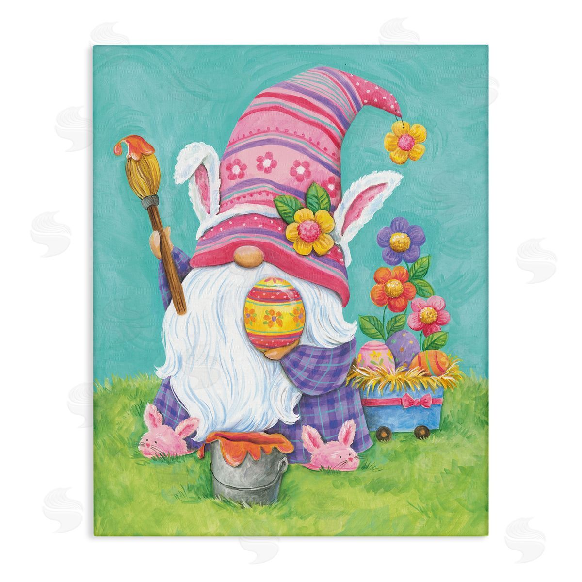 Diane Kater Whimsical Gnome Painting Easter Eggs Festive Flowers Stretched Canvas Wall Art Print