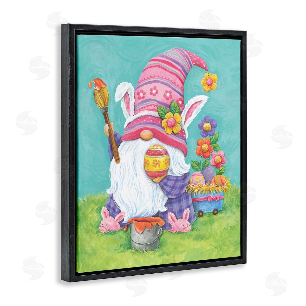 Diane Kater Whimsical Gnome Painting Easter Eggs Festive Flowers Black Floating Frame Canvas Wall Art Print
