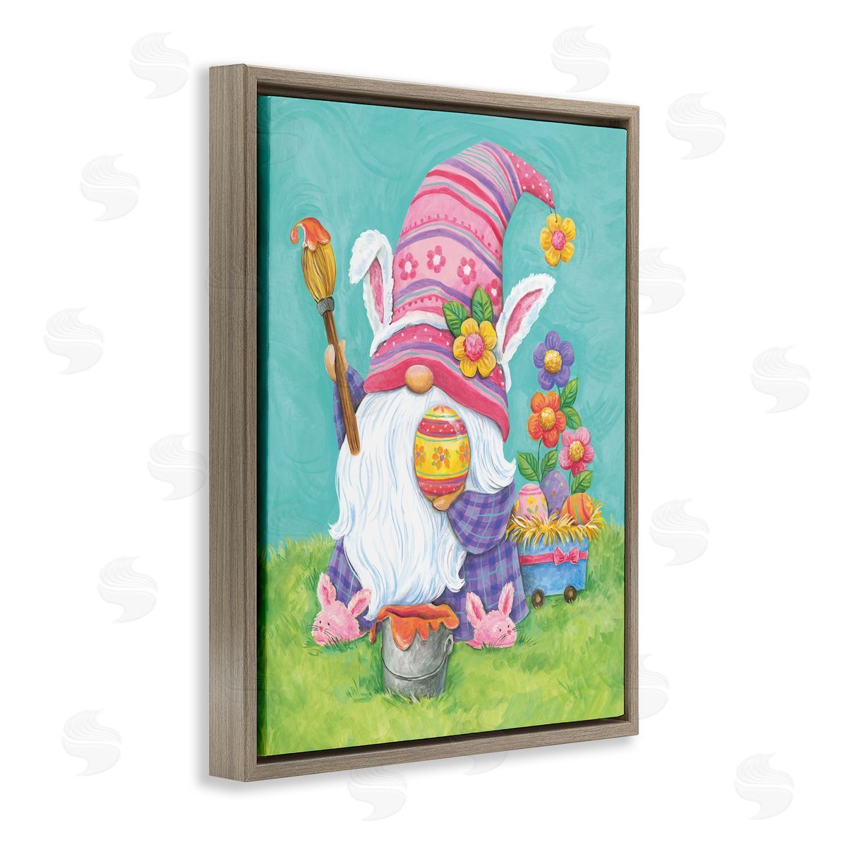 Diane Kater Whimsical Gnome Painting Easter Eggs Festive Flowers Brown Floating Frame Canvas Wall Art Print