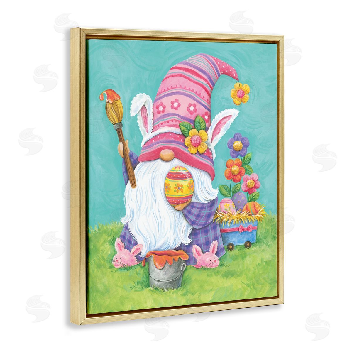 Diane Kater Whimsical Gnome Painting Easter Eggs Festive Flowers Gold Floating Frame Canvas Wall Art Print