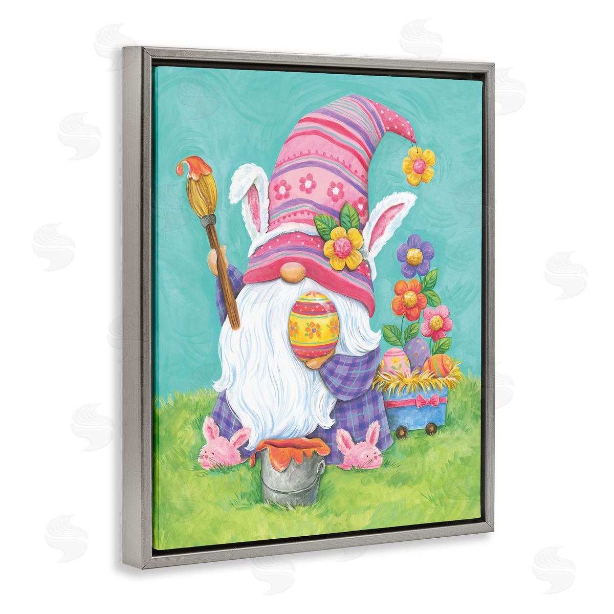 Diane Kater Whimsical Gnome Painting Easter Eggs Festive Flowers Gray Floating Frame Canvas Wall Art Print