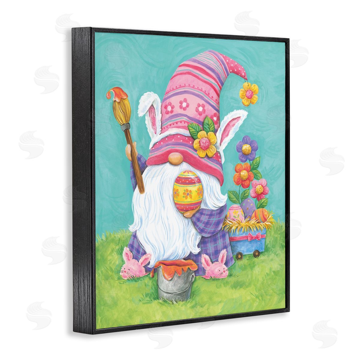 Diane Kater Whimsical Gnome Painting Easter Eggs Festive Flowers Black Framed Giclee Wall Art Print