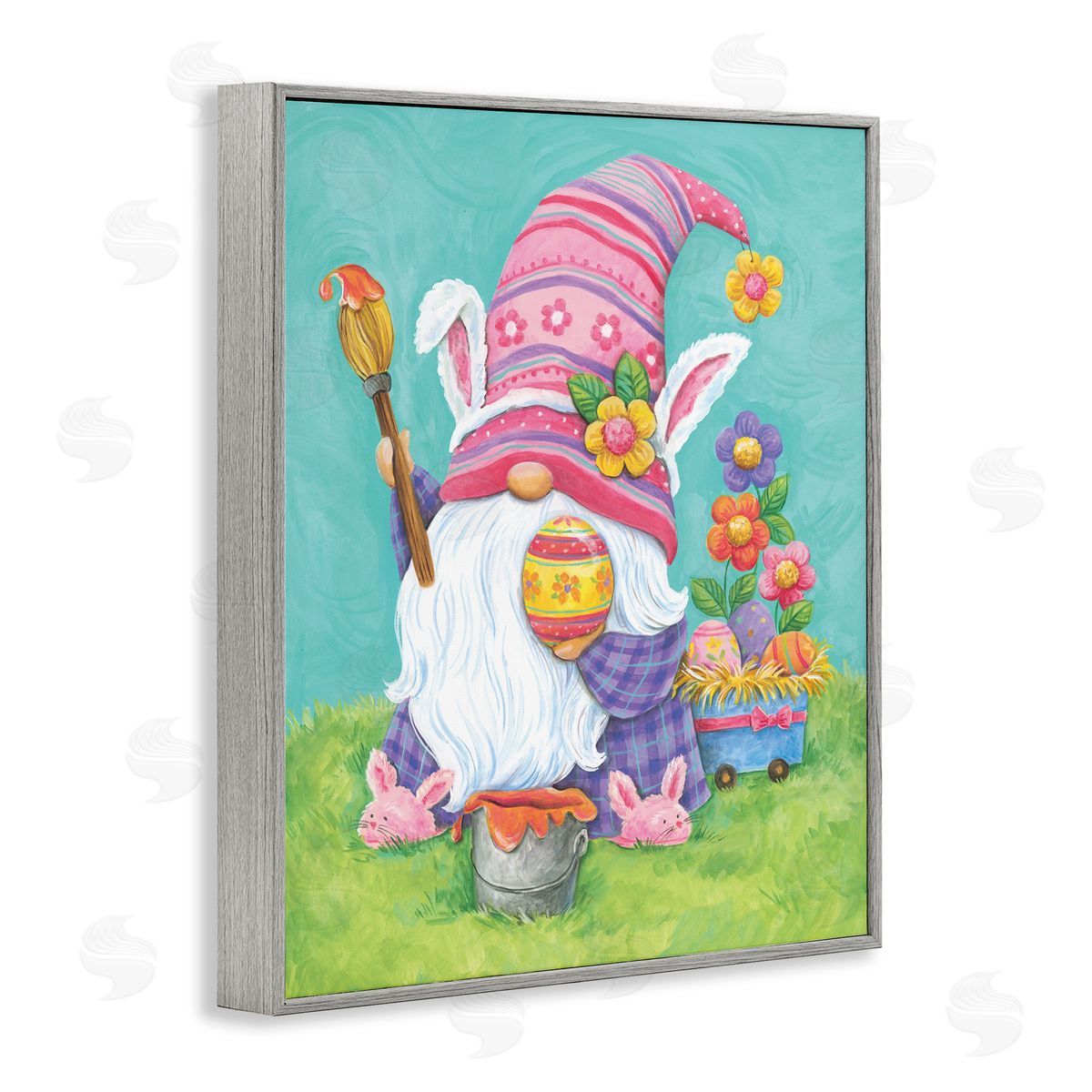Diane Kater Whimsical Gnome Painting Easter Eggs Festive Flowers Gray Framed Giclee Wall Art Print