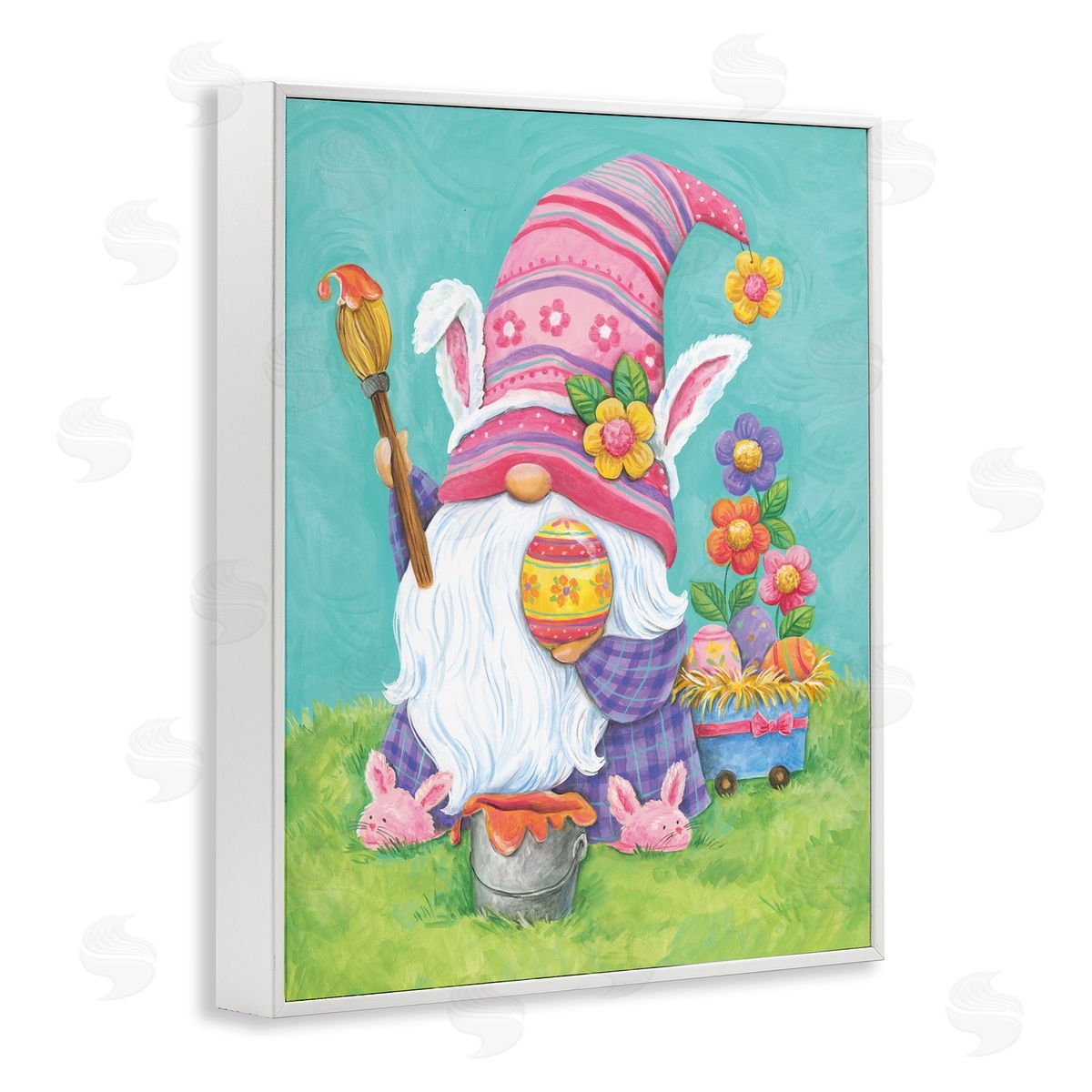 Diane Kater Whimsical Gnome Painting Easter Eggs Festive Flowers White Framed Giclee Wall Art Print