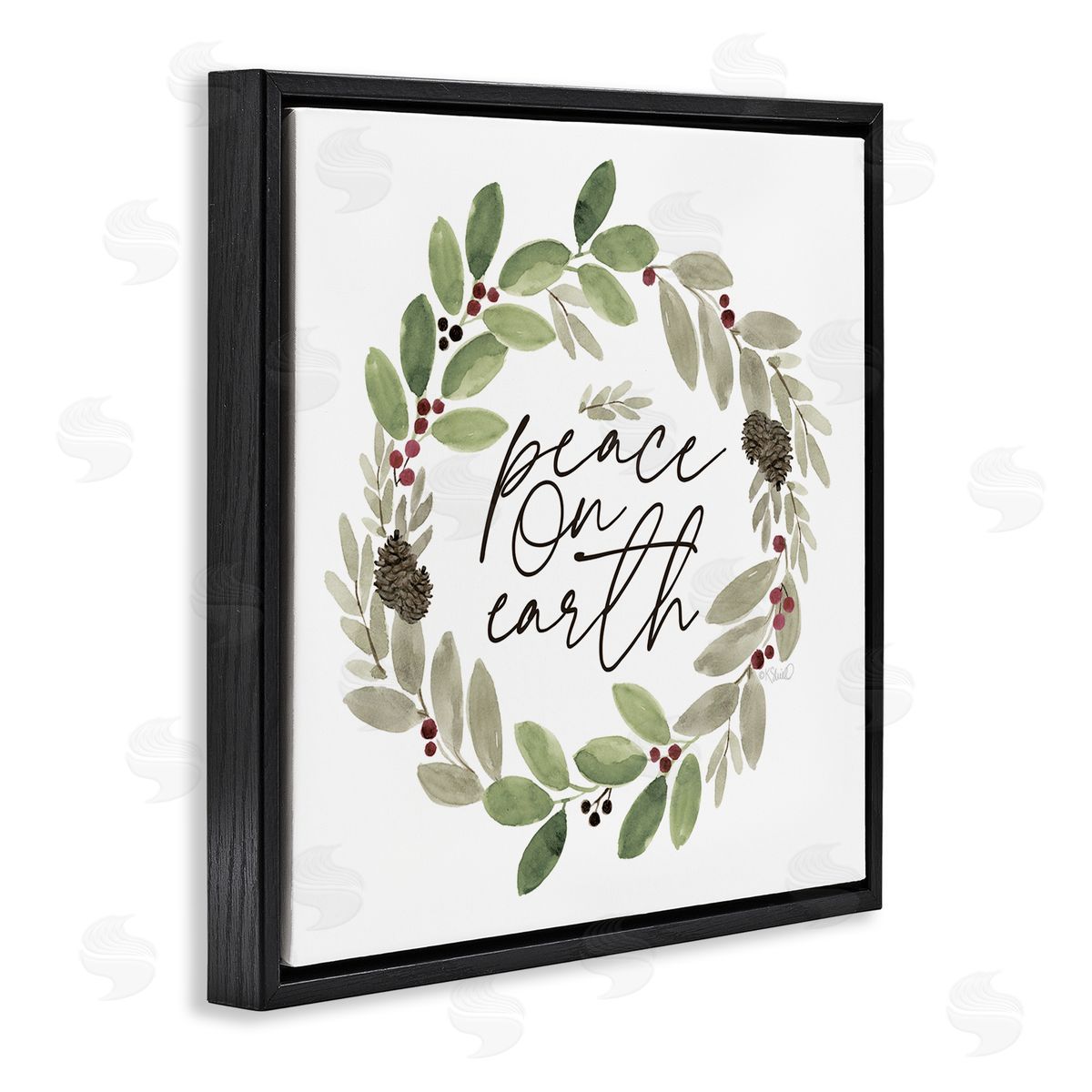 Kate Sherrill Peace On Earth Calligraphy Seasonal Watercolor Wreath Black Floating Frame Canvas Wall Art Print