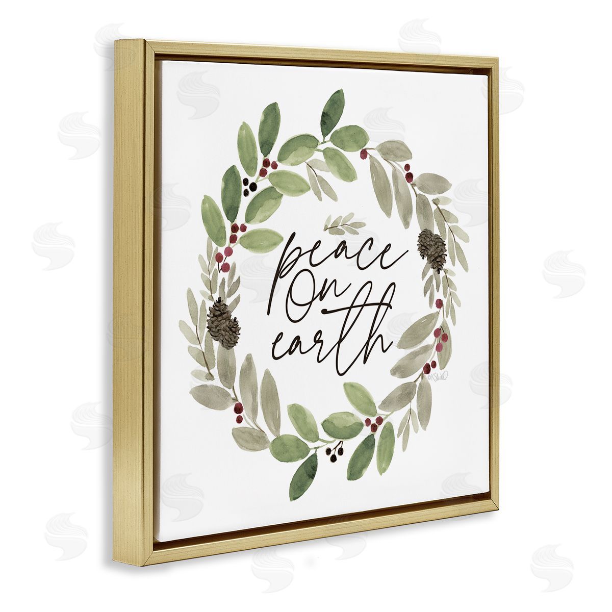 Kate Sherrill Peace On Earth Calligraphy Seasonal Watercolor Wreath Gold Floating Frame Canvas Wall Art Print