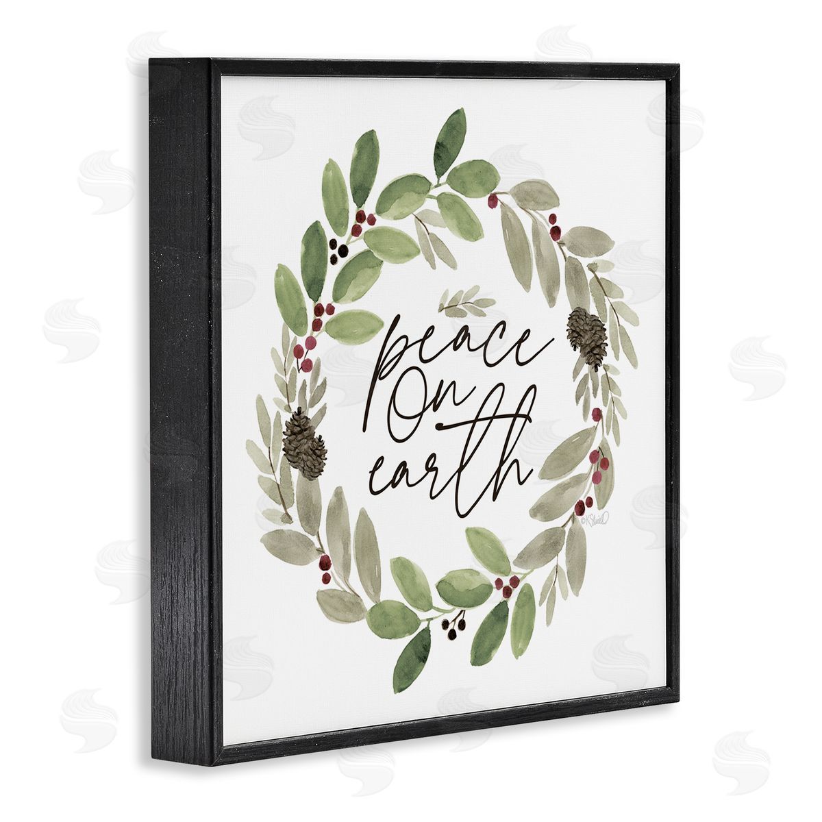 Kate Sherrill Peace On Earth Calligraphy Seasonal Watercolor Wreath Black Framed Glicee Wall Art Print