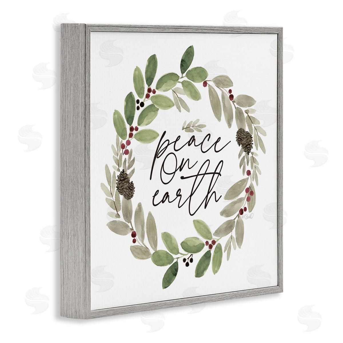 Kate Sherrill Peace On Earth Calligraphy Seasonal Watercolor Wreath Gray Framed Glicee Wall Art Print