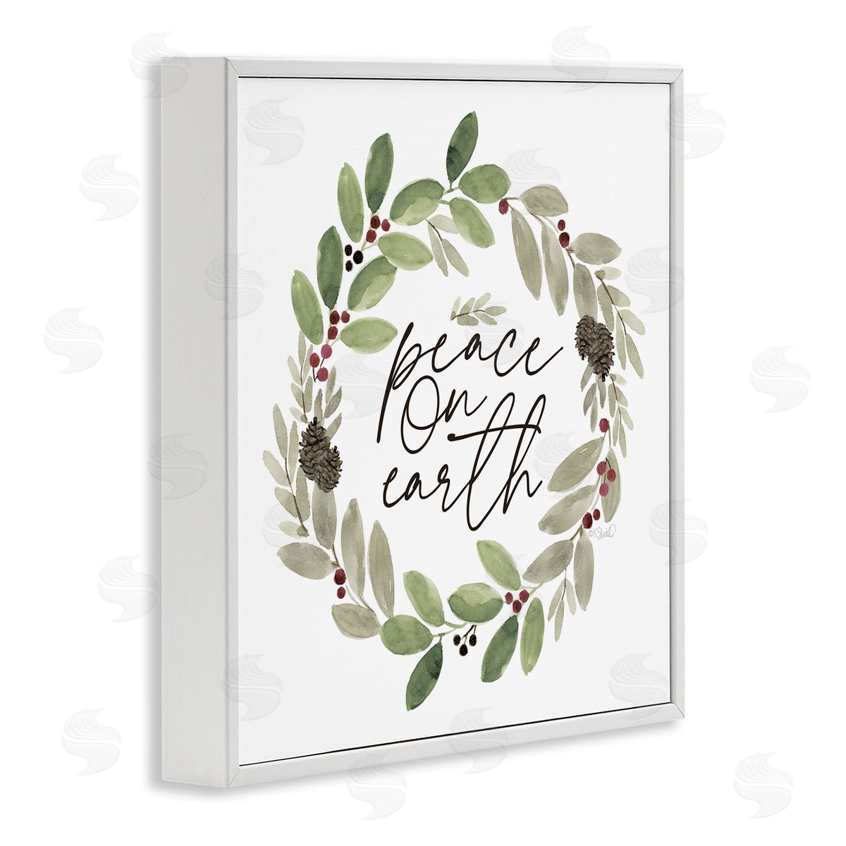 Kate Sherrill Peace On Earth Calligraphy Seasonal Watercolor Wreath White Framed Glicee Wall Art Print