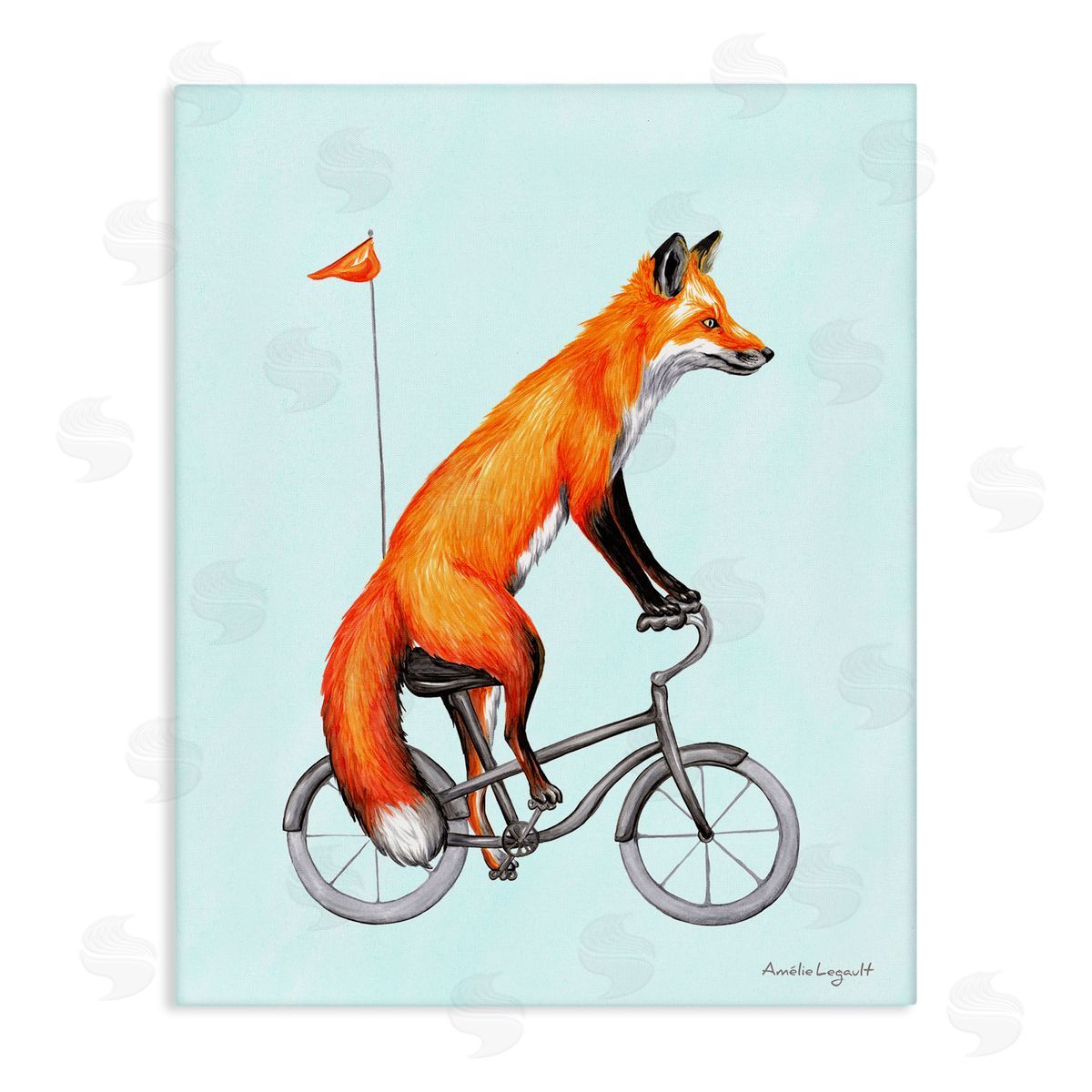 Amelie Legault Eccentric Red Fox Riding Bicycle Biking Flag Stretched Canvas Wall Art Print