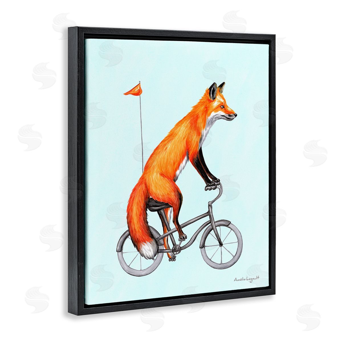 Amelie Legault Eccentric Red Fox Riding Bicycle Biking Flag Black Floating Frame Canvas Wall Art Print