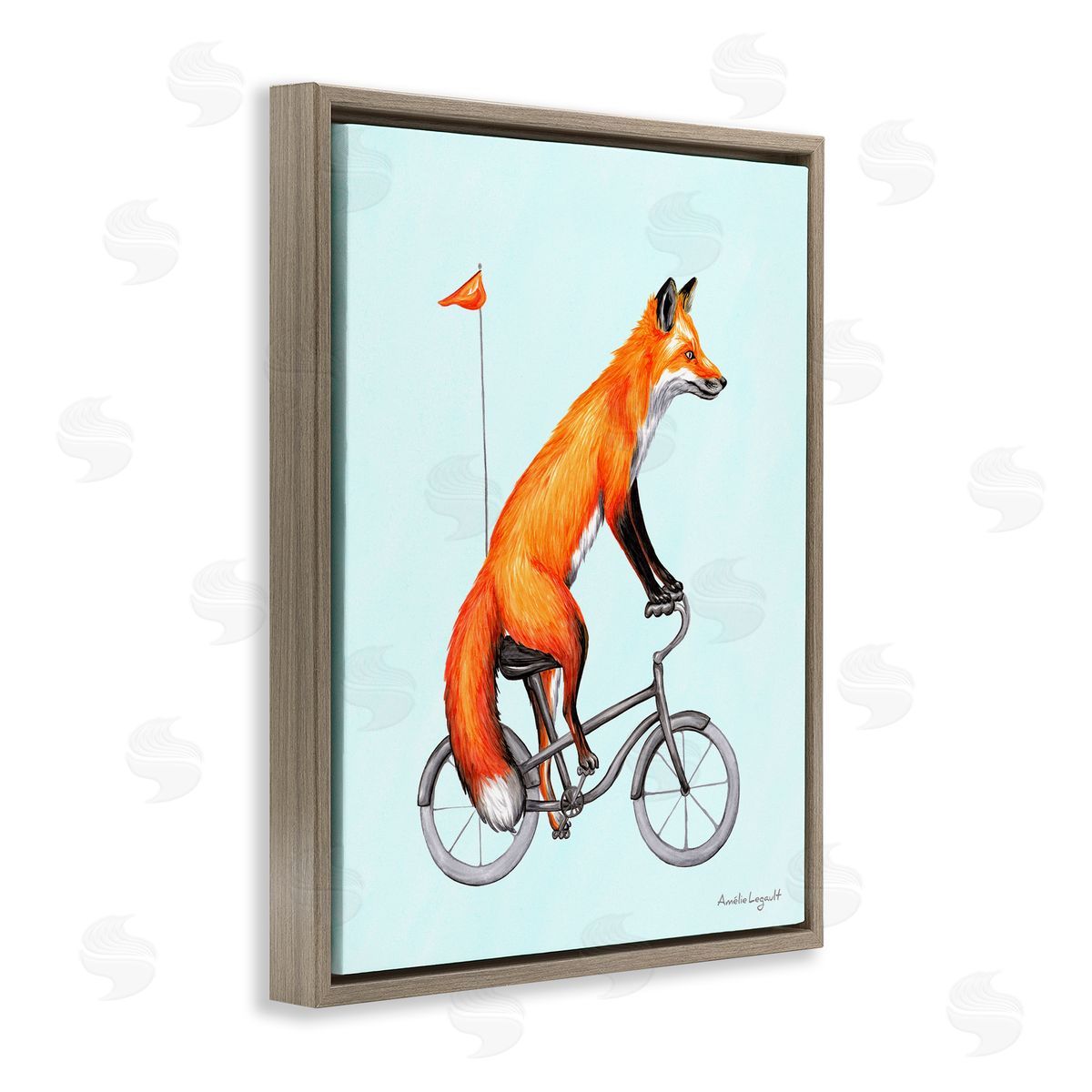 Amelie Legault Eccentric Red Fox Riding Bicycle Biking Flag Brown Floating Frame Canvas Wall Art Print