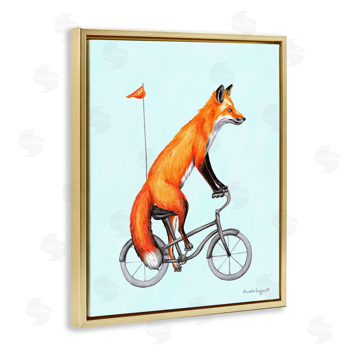 Amelie Legault Eccentric Red Fox Riding Bicycle Biking Flag Gold Floating Frame Canvas Wall Art Print