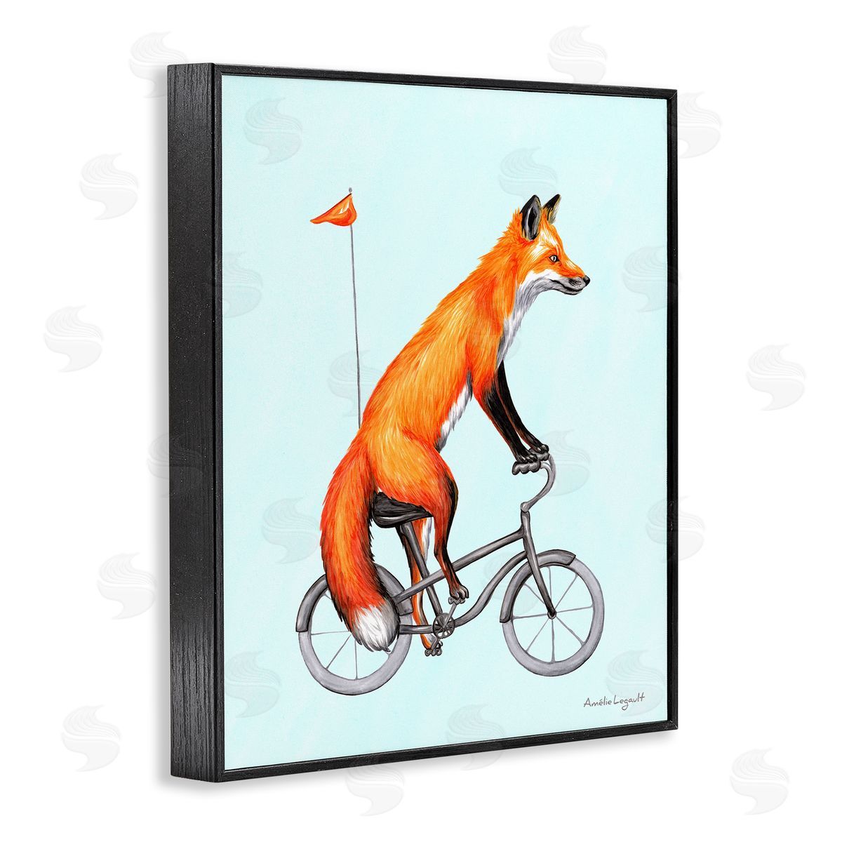 Amelie Legault Eccentric Red Fox Riding Bicycle Biking Flag Black Framed Giclee Wall Art Print