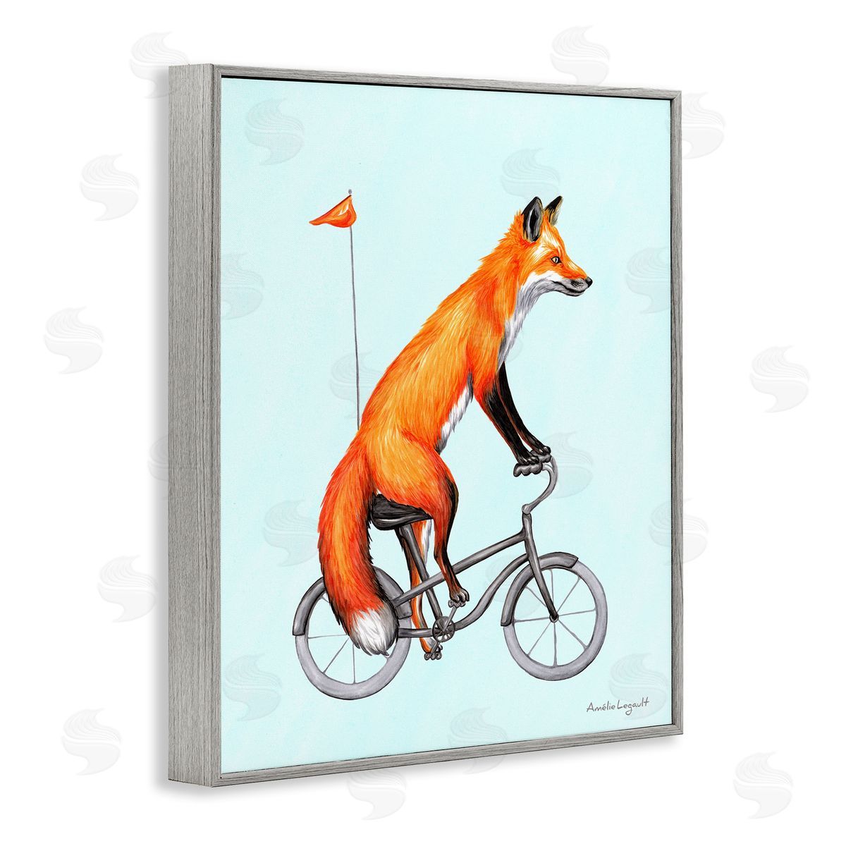 Amelie Legault Eccentric Red Fox Riding Bicycle Biking Flag Gray Framed Giclee Wall Art Print