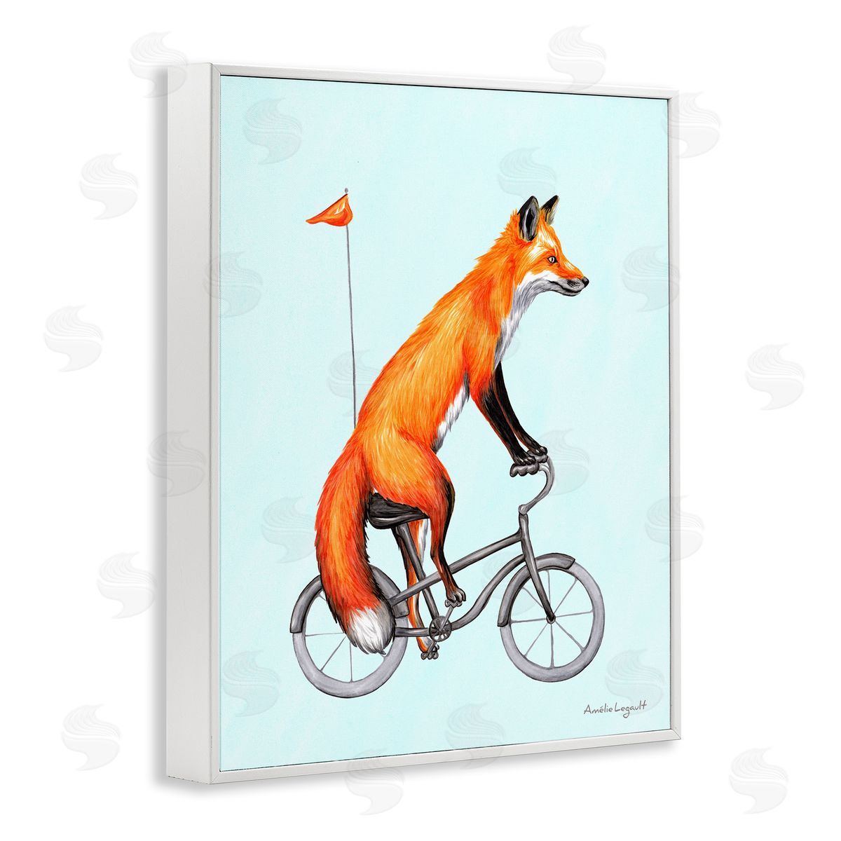Amelie Legault Eccentric Red Fox Riding Bicycle Biking Flag White Framed Giclee Wall Art Print