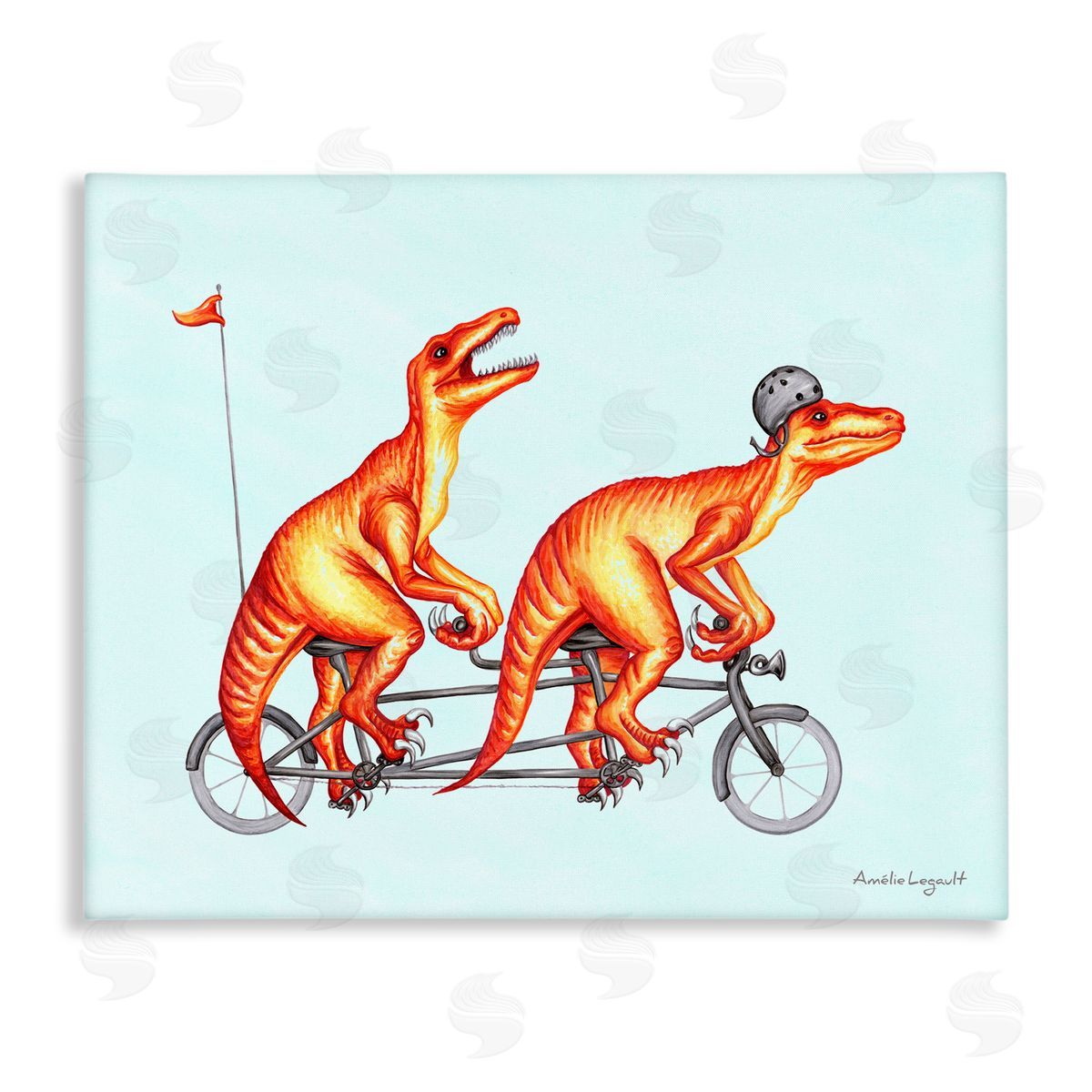 Amelie Legault Whimsical Red T-Rex Dinosaurs Riding Tandem Bicycle Stretched Canvas Wall Art Print