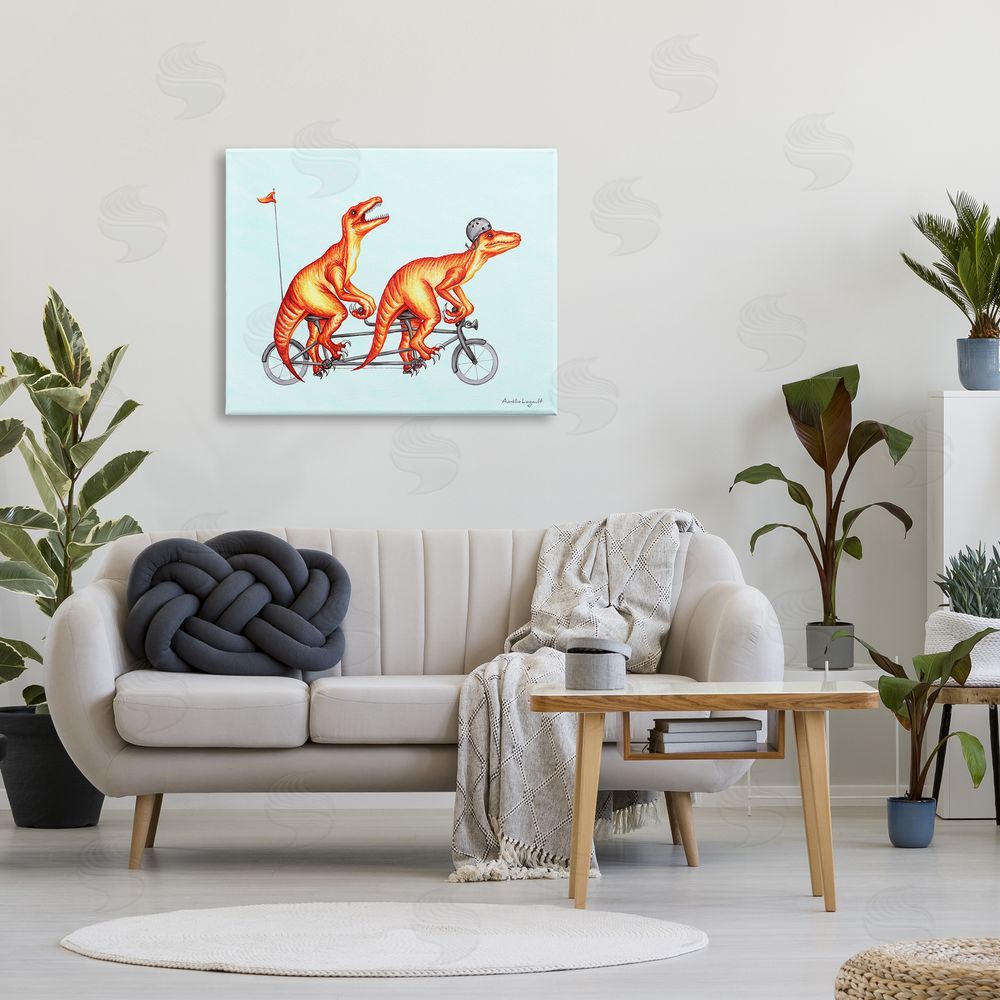 Amelie Legault Whimsical Red T-Rex Dinosaurs Riding Tandem Bicycle Canvas Wall Art Print in Room