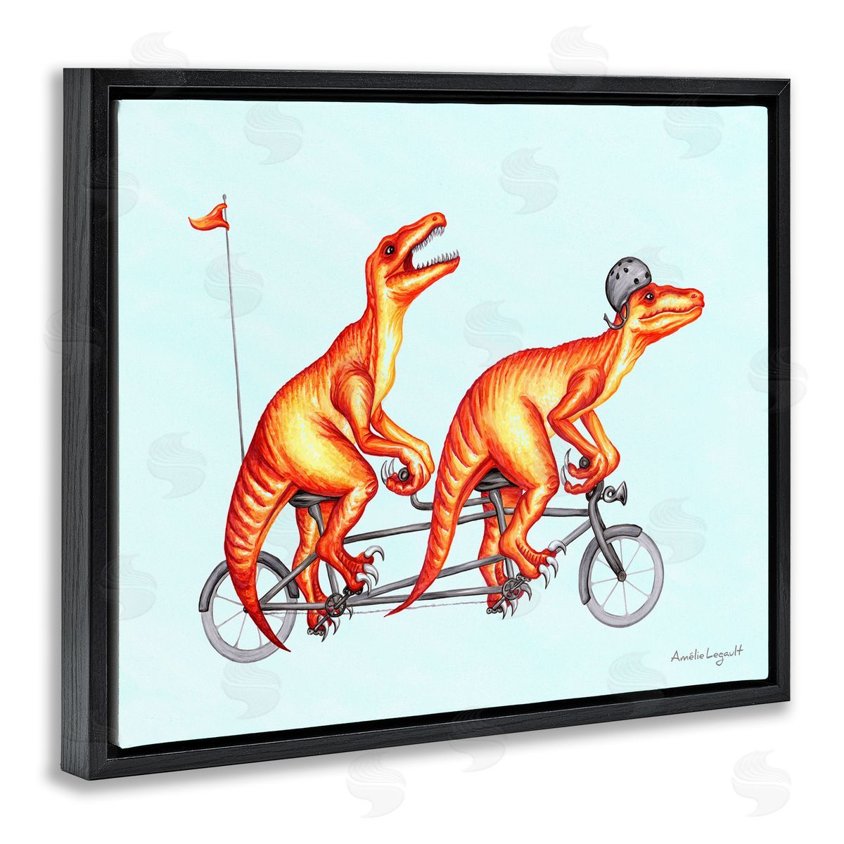 Amelie Legault Whimsical Red T-Rex Dinosaurs Riding Tandem Bicycle Black Floating Frame Canvas Wall Art Print
