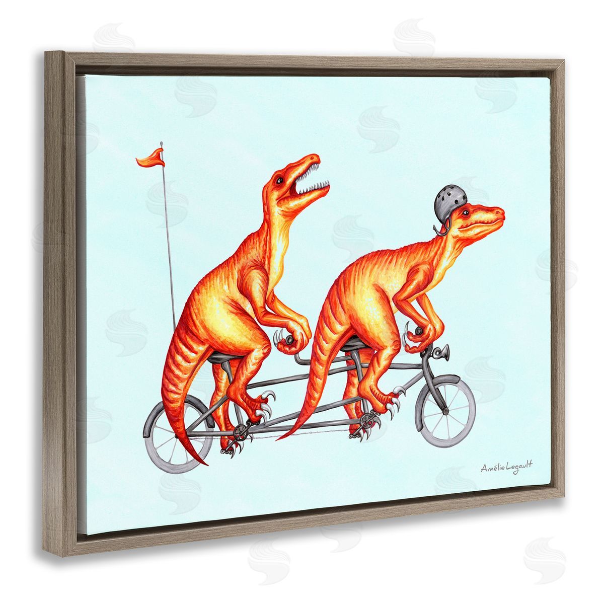 Amelie Legault Whimsical Red T-Rex Dinosaurs Riding Tandem Bicycle Brown Floating Frame Canvas Wall Art Print