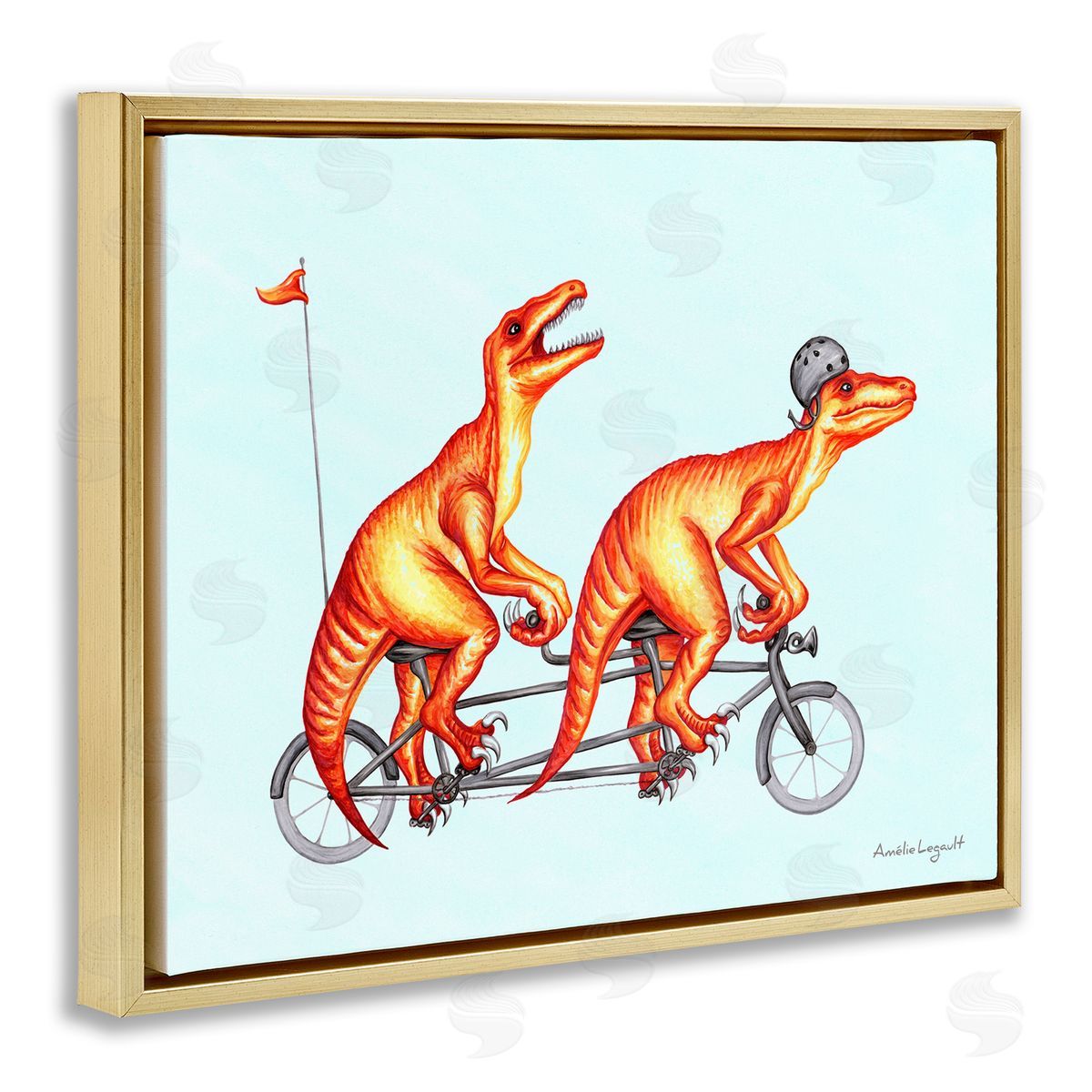 Amelie Legault Whimsical Red T-Rex Dinosaurs Riding Tandem Bicycle Gold Floating Frame Canvas Wall Art Print