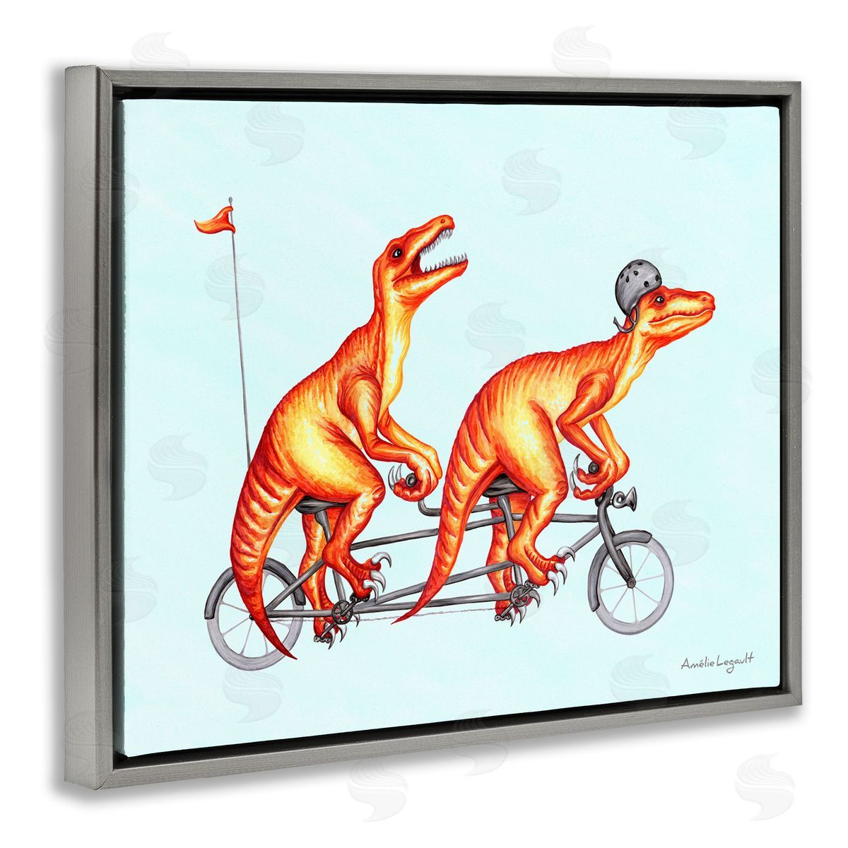 Amelie Legault Whimsical Red T-Rex Dinosaurs Riding Tandem Bicycle Gray Floating Frame Canvas Wall Art Print