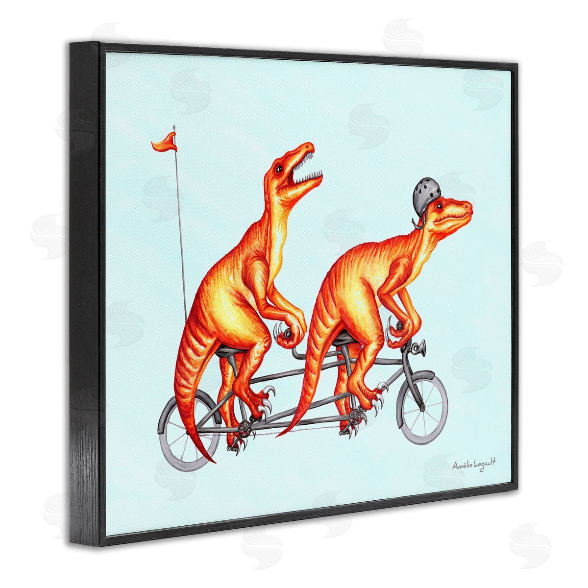 Amelie Legault Whimsical Red T-Rex Dinosaurs Riding Tandem Bicycle Black Framed Giclee Wall Art Print