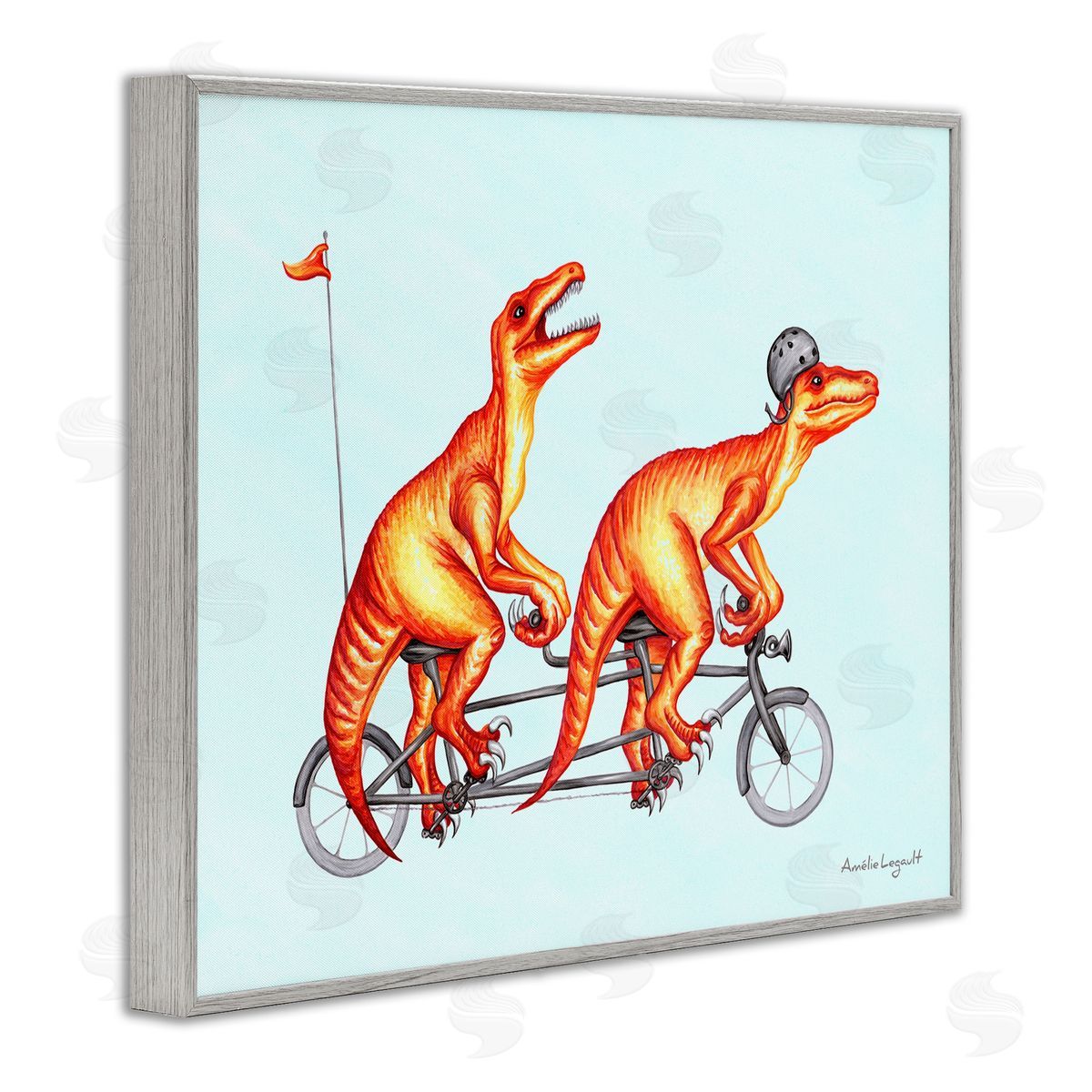 Amelie Legault Whimsical Red T-Rex Dinosaurs Riding Tandem Bicycle Gray Framed Giclee Wall Art Print