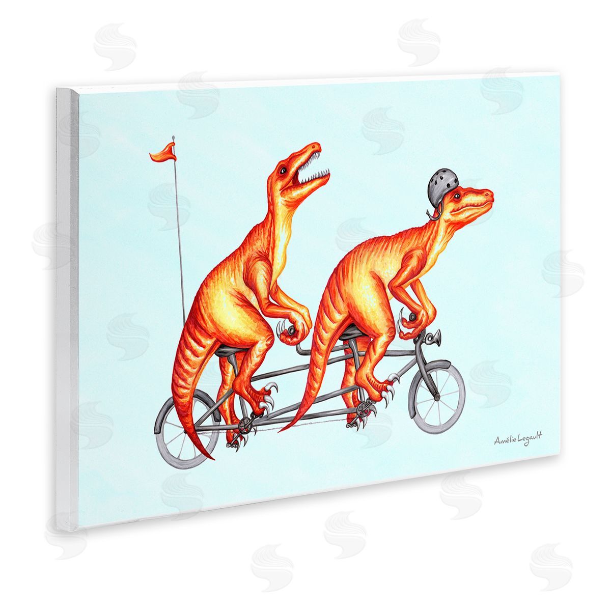 Amelie Legault Whimsical Red T-Rex Dinosaurs Riding Tandem Bicycle Wall Plaque Art Print