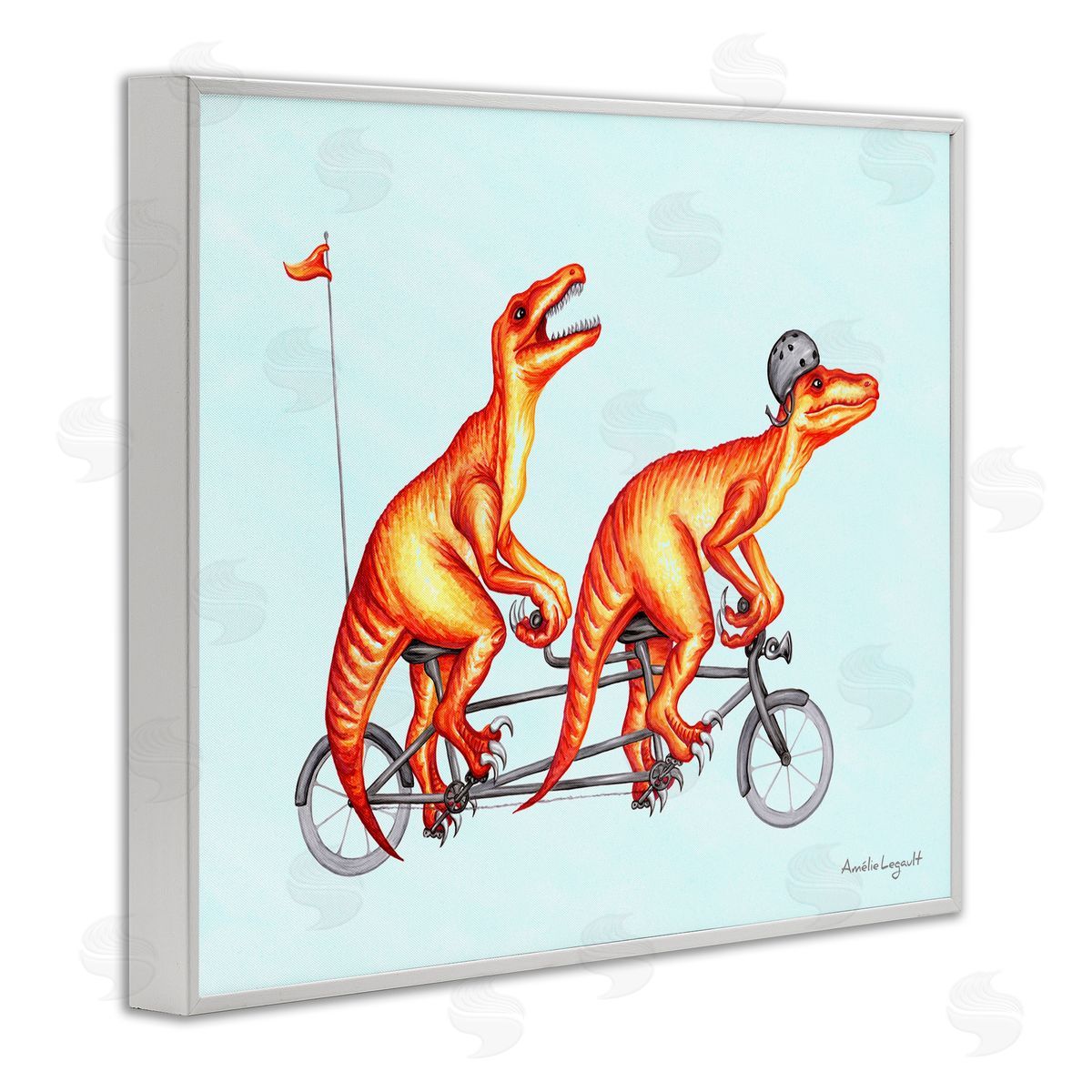 Amelie Legault Whimsical Red T-Rex Dinosaurs Riding Tandem Bicycle White Framed Giclee Wall Art Print