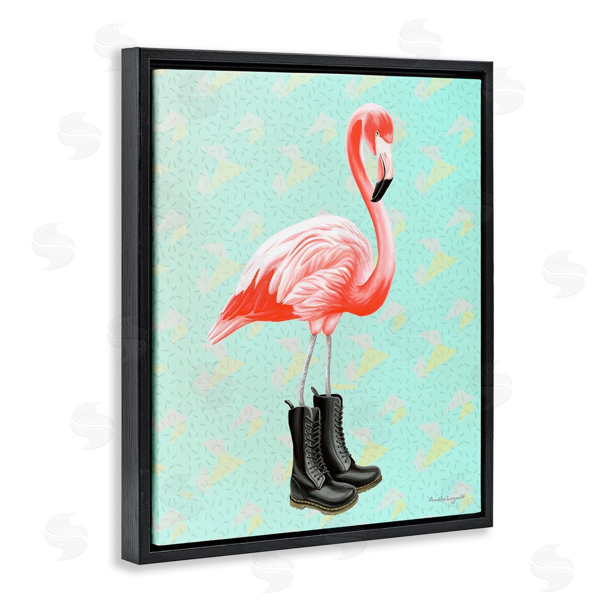 Amelie Legault Stylish Pink Flamingo Black Boots Geometric Pattern Black Floating Frame Canvas Wall Art Print