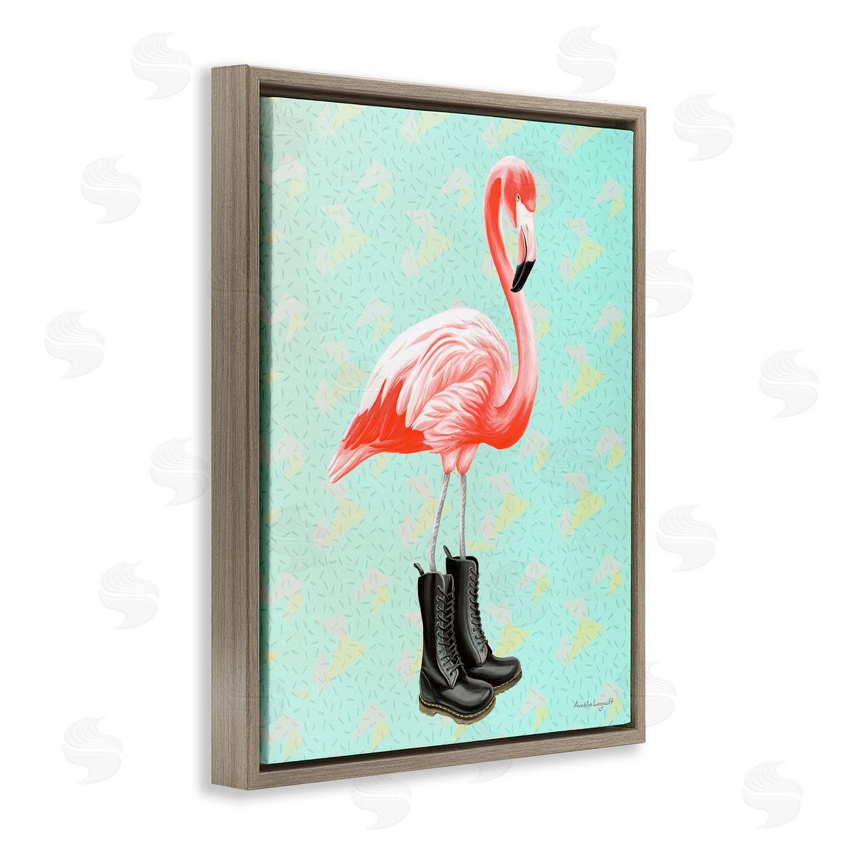 Amelie Legault Stylish Pink Flamingo Black Boots Geometric Pattern Brown Floating Frame Canvas Wall Art Print