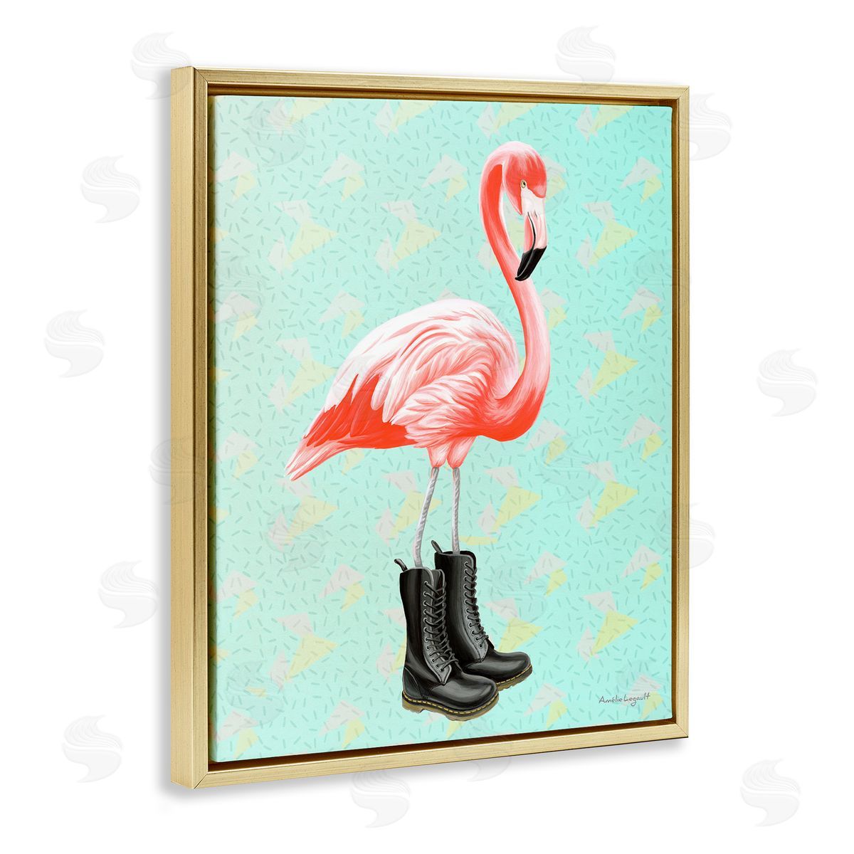 Amelie Legault Stylish Pink Flamingo Black Boots Geometric Pattern Gold Floating Frame Canvas Wall Art Print
