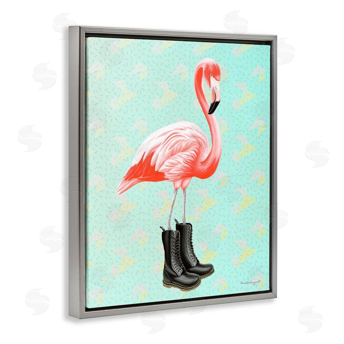 Amelie Legault Stylish Pink Flamingo Black Boots Geometric Pattern Gray Floating Frame Canvas Wall Art Print