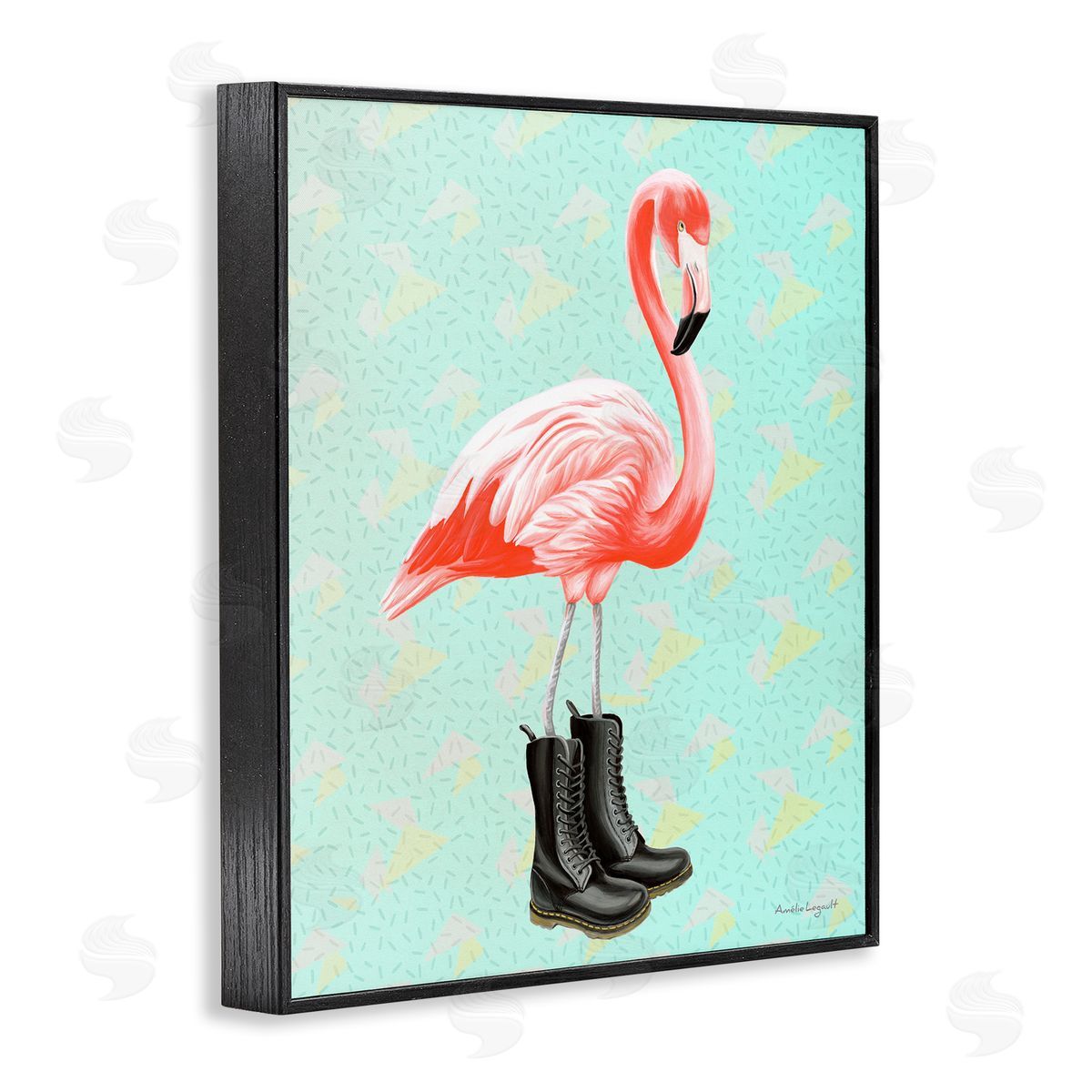 Amelie Legault Stylish Pink Flamingo Black Boots Geometric Pattern Black Framed Giclee Wall Art Print