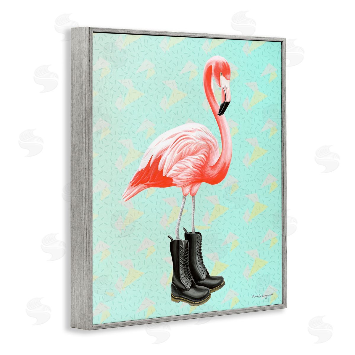 Amelie Legault Stylish Pink Flamingo Black Boots Geometric Pattern Gray Framed Giclee Wall Art Print