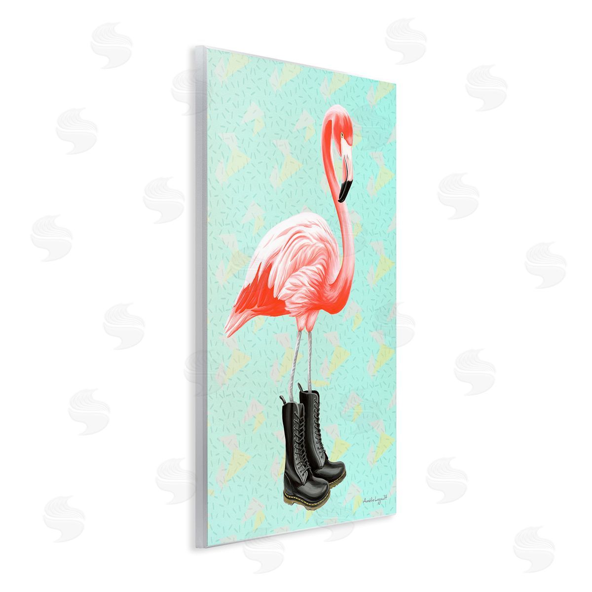 Amelie Legault Stylish Pink Flamingo Black Boots Geometric Pattern Wall Plaque Art Print