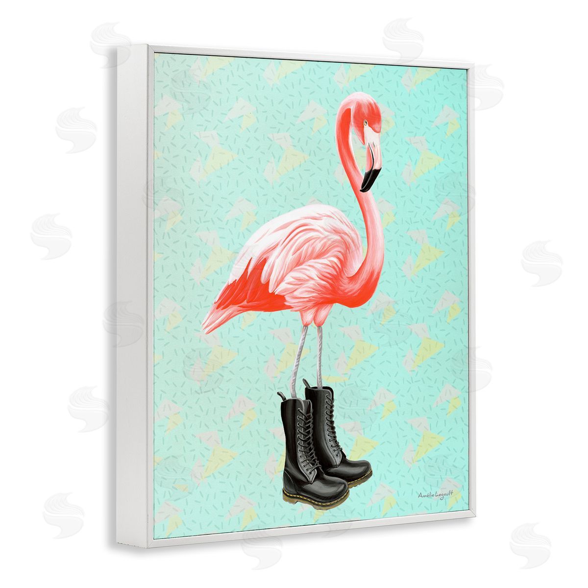 Amelie Legault Stylish Pink Flamingo Black Boots Geometric Pattern White Framed Giclee Wall Art Print