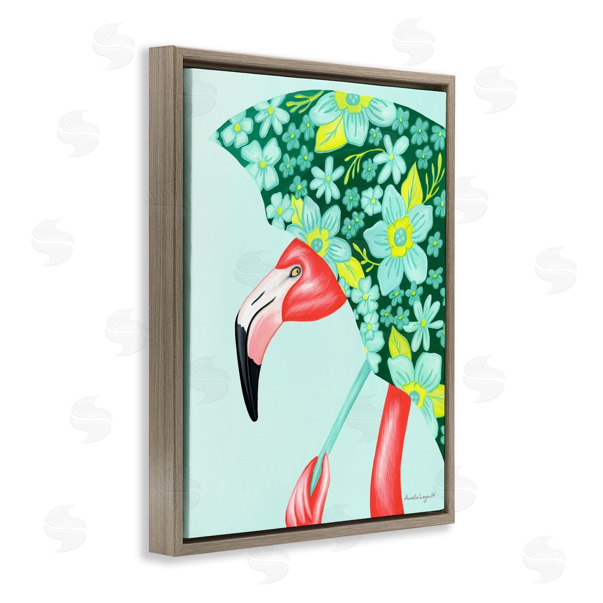 Amelie Legault Summery Pink Flamingo Floral Petal Patterned Umbrella  Brown Floating Frame Canvas Wall Art Print