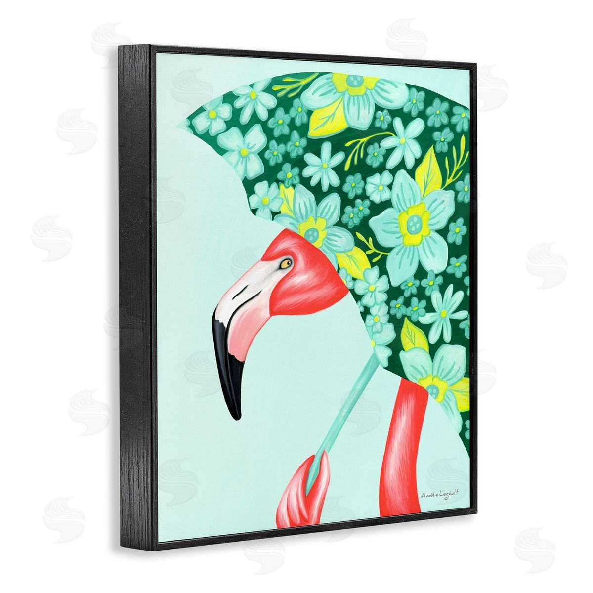 Amelie Legault Summery Pink Flamingo Floral Petal Patterned Umbrella  Black Framed Giclee Wall Art Print