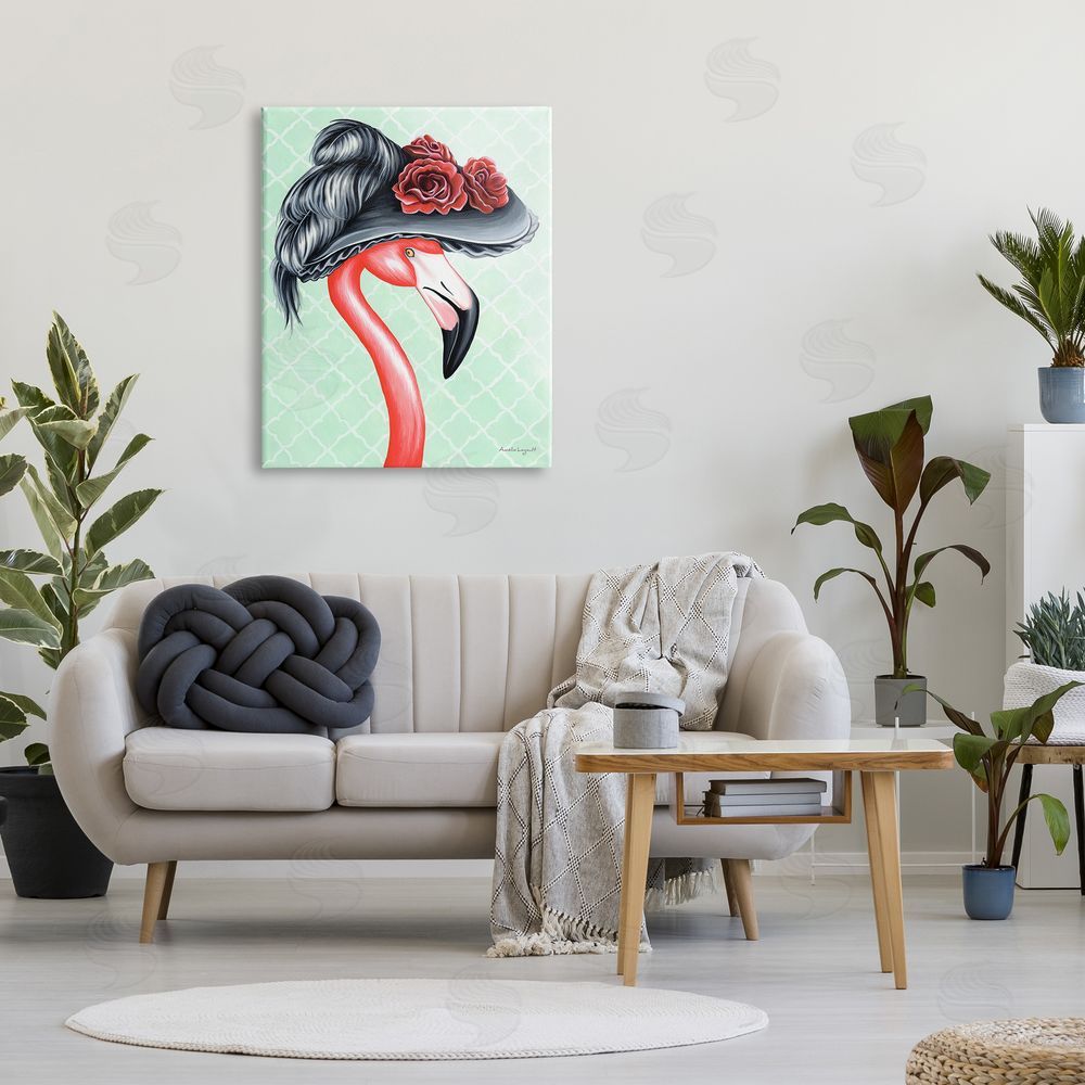 Amelie Legault Classy Flamingo Vintage Black Floral Hat Green Pattern Canvas Wall Art Print in Room