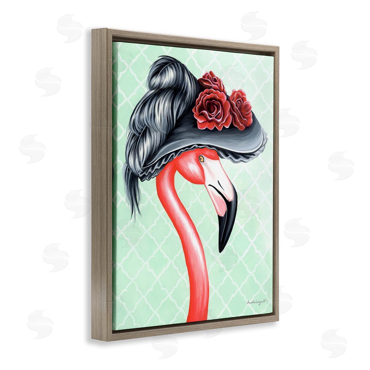 Amelie Legault Classy Flamingo Vintage Black Floral Hat Green Pattern Brown Floating Frame Canvas Wall Art Print
